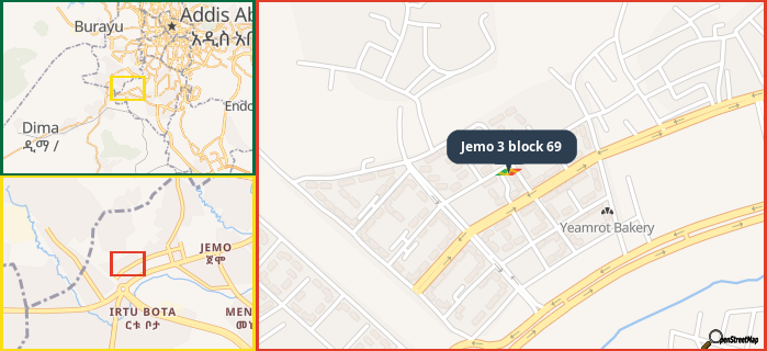 Map showing the address of Jemo 3 block 69 in three different zoom levels.