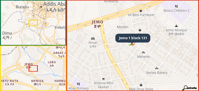 Map showing the address of Jemo 1 block 131 in three different zoom levels.