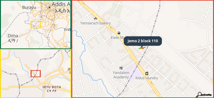 Map showing the address of Jemo 2 block 110 in three different zoom levels.