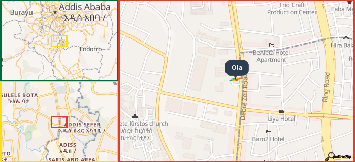 Map showing the address of Ola in three different zoom levels.