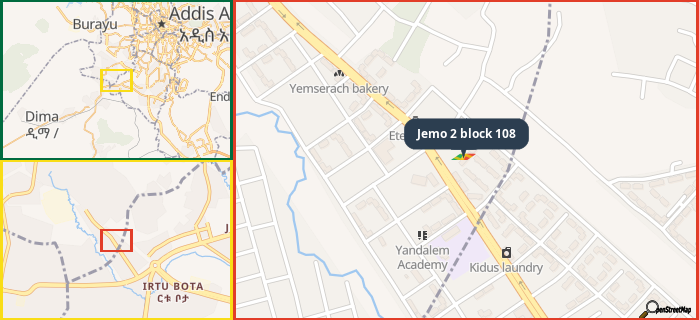 Map showing the address of Jemo 2 block 108 in three different zoom levels.