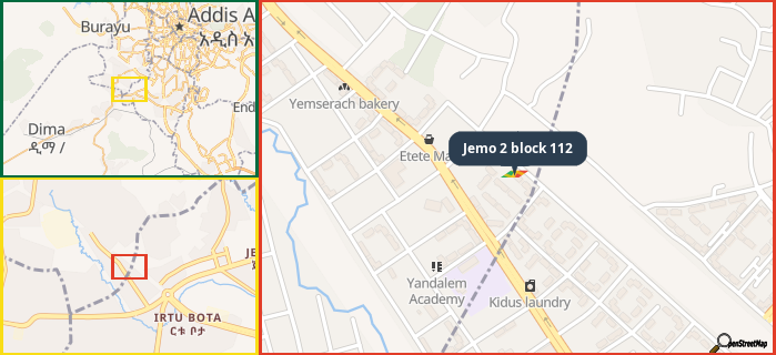 Map showing the address of Jemo 2 block 112 in three different zoom levels.