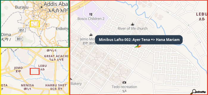 Map showing the address of Minibus Lafto 002: Ayer Tena => Hana Mariam in three different zoom levels.