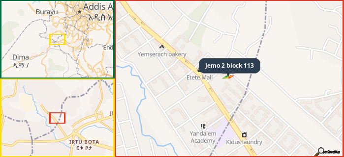 Map showing the address of Jemo 2 block 113 in three different zoom levels.