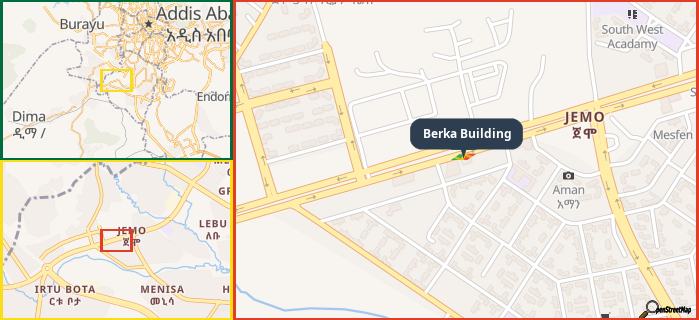 Map showing the address of Berka Building in three different zoom levels.