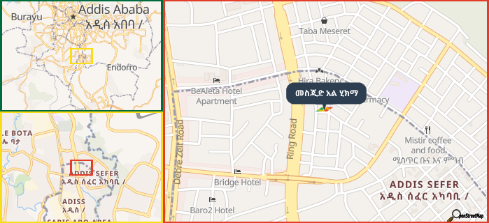 Map showing the address of መስጂድ አል ሂክማ in three different zoom levels.