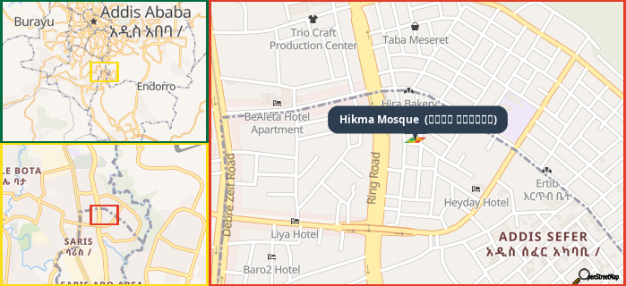 Map showing the address of Hikma Mosque  (مسجد الحكمة) in three different zoom levels.