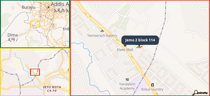 Map showing the address of Jemo 2 block 114 in three different zoom levels.