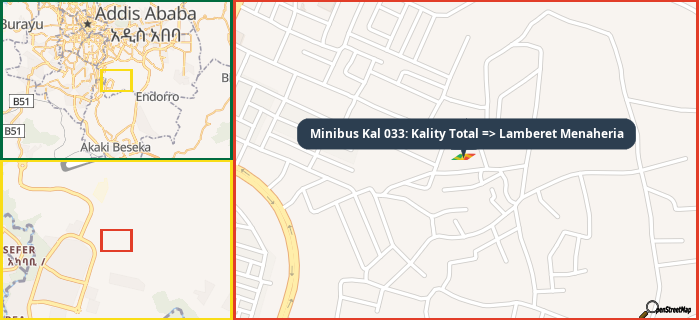 Map showing the address of Minibus Kal 033: Kality Total => Lamberet Menaheria in three different zoom levels.
