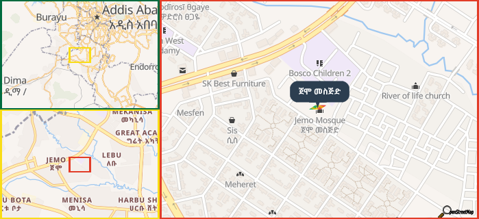 Map showing the address of ጀሞ መስጅድ in three different zoom levels.