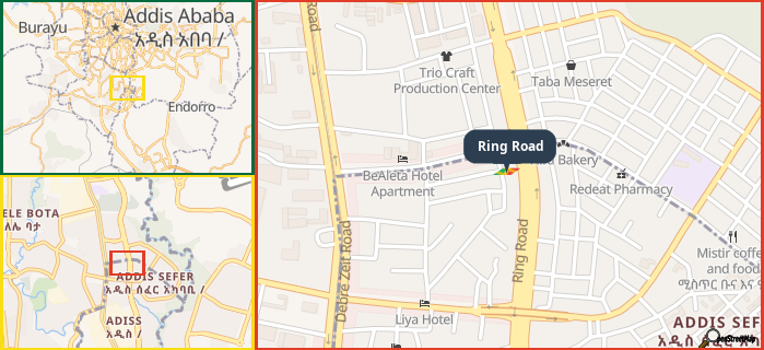 Map showing the address of Ring Road in three different zoom levels.