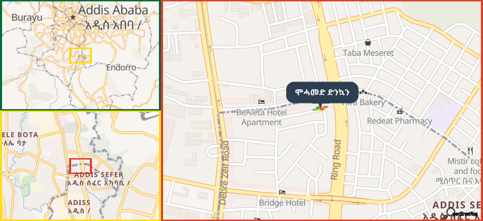 Map showing the address of ሞሓመድ ድንኳን in three different zoom levels.