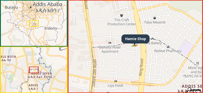 Map showing the address of Hamie Shop in three different zoom levels.