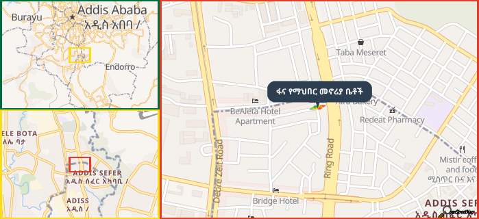 Map showing the address of ፋና የማህበር መኖሪያ ቤቶች in three different zoom levels.