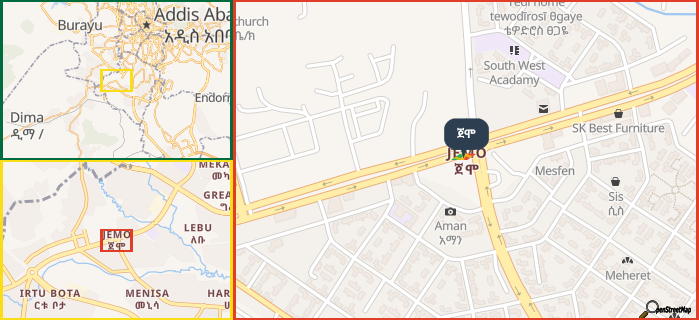 Map showing the address of ጀሞ in three different zoom levels.