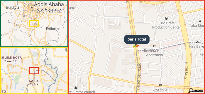 Map showing the address of Saris Total in three different zoom levels.