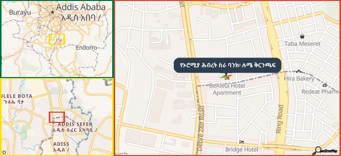 Map showing the address of የኦሮሚያ ሕብረት ስራ ባንክ፡ ሉሜ ቅርንጫፍ in three different zoom levels.
