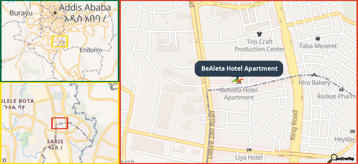 Map showing the address of BeAleta Hotel Apartment in three different zoom levels.