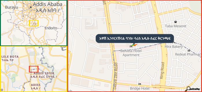 Map showing the address of አዋሽ ኢንተርናሽናል ባንክ፡ ሳሪስ አዲሱ ሰፈር ቅርንጫፍ in three different zoom levels.