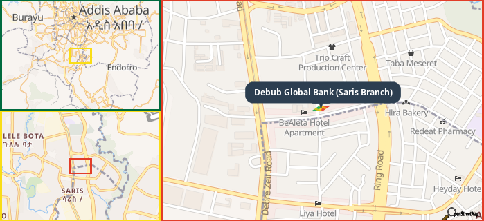 Map showing the address of Debub Global Bank (Saris Branch) in three different zoom levels.