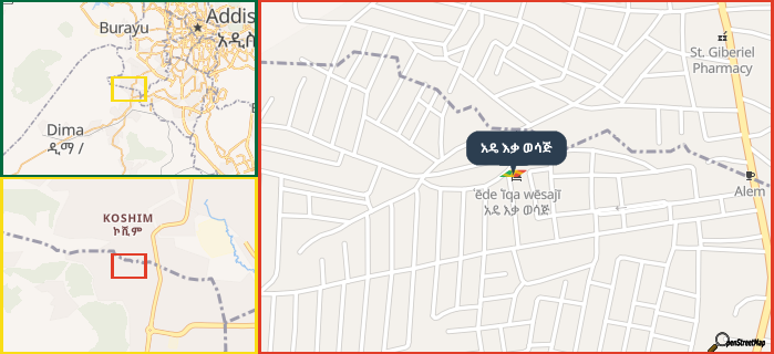 Map showing the address of አዴ እቃ ወሳጅ in three different zoom levels.