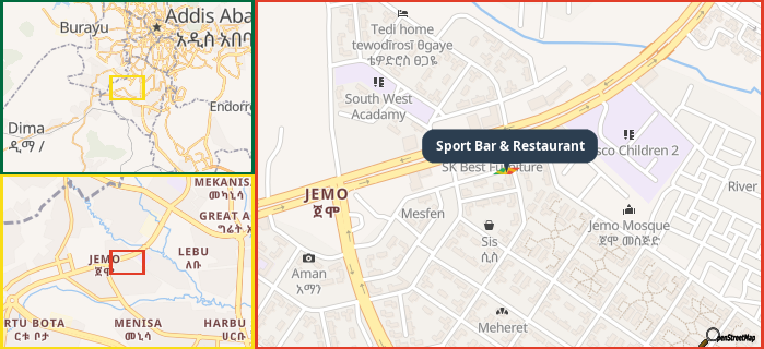 Map showing the address of Sport Bar & Restaurant in three different zoom levels.