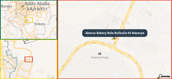 Map showing the address of Aberus Bakery Bole Bulbulla 93 Mazorya in three different zoom levels.