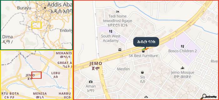 Map showing the address of ሕብረት ባንክ in three different zoom levels.