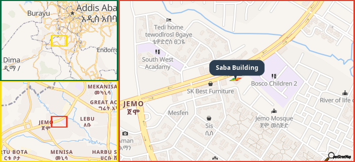 Map showing the address of Saba Building in three different zoom levels.