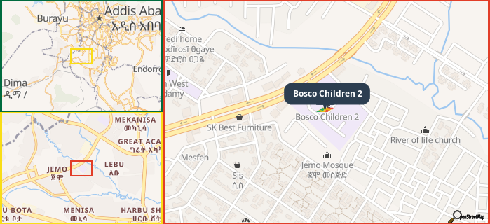 Map showing the address of Bosco Children 2 in three different zoom levels.