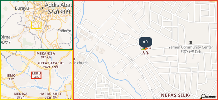 Map showing the address of ለቡ in three different zoom levels.