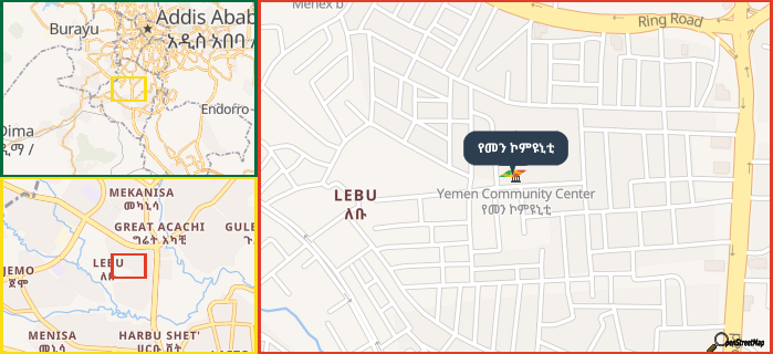 Map showing the address of የመን ኮምዩኒቲ in three different zoom levels.