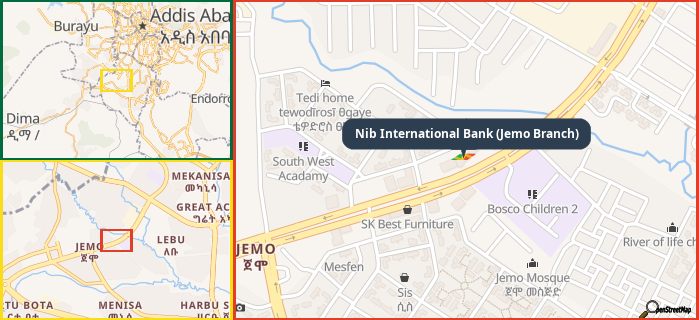 Map showing the address of Nib International Bank (Jemo Branch) in three different zoom levels.