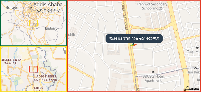 Map showing the address of የኢትዮጵያ ንግድ ባንክ ሳሪስ ቅርንጫፍ in three different zoom levels.