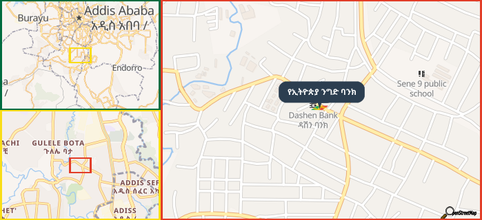 Map showing the address of የኢትዮጵያ ንግድ ባንክ in three different zoom levels.