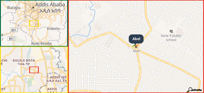 Map showing the address of Abel in three different zoom levels.
