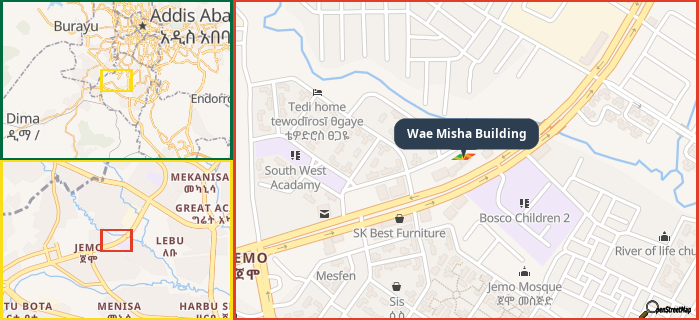 Map showing the address of Wae Misha Building in three different zoom levels.