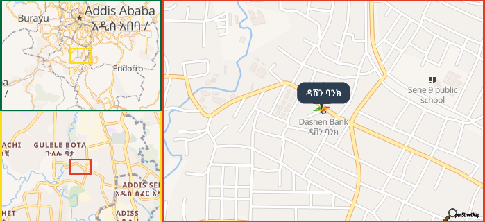 Map showing the address of ዳሽን ባንክ in three different zoom levels.