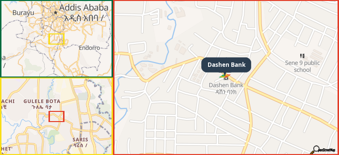 Map showing the address of Dashen Bank in three different zoom levels.