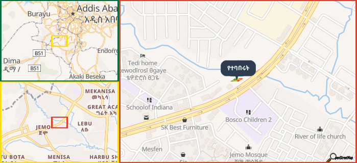 Map showing the address of የተባበሩት in three different zoom levels.