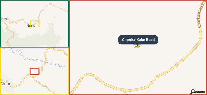 Map showing the address of Chanka-Kake Road in three different zoom levels.