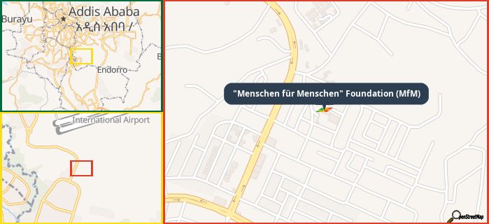 Map showing the address of "Menschen für Menschen" Foundation (MfM) in three different zoom levels.