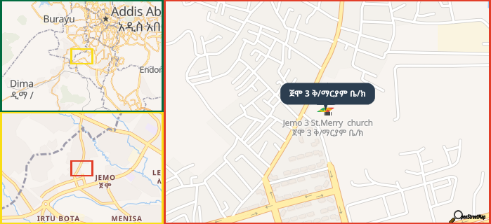 Map showing the address of ጀሞ 3 ቅ/ማርያም ቤ/ክ in three different zoom levels.