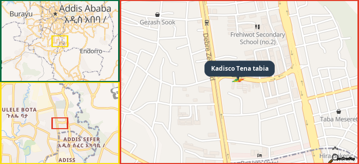 Map showing the address of Kadisco Tena tabia in three different zoom levels.
