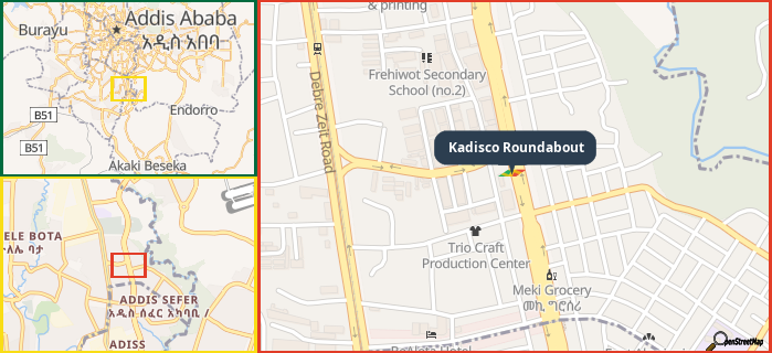 Map showing the address of Kadisco Roundabout in three different zoom levels.