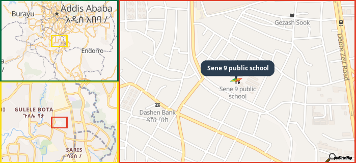 Map showing the address of Sene 9 public school in three different zoom levels.