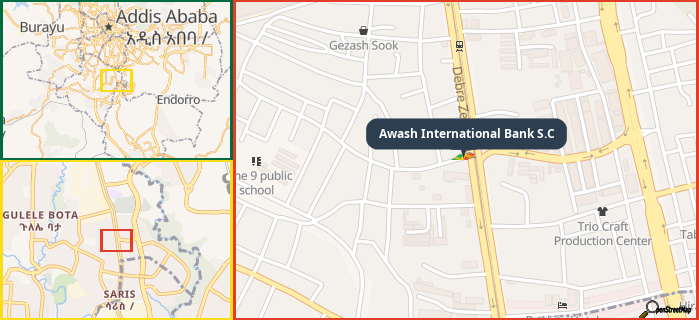 Map showing the address of Awash International Bank S.C in three different zoom levels.