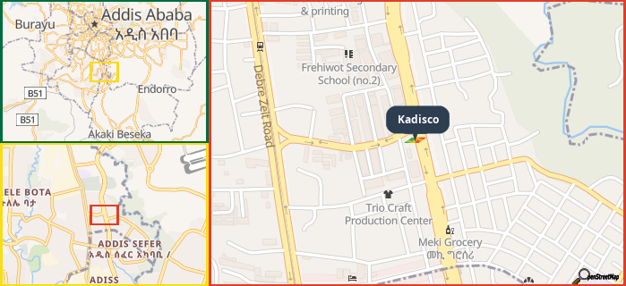 Map showing the address of Kadisco in three different zoom levels.