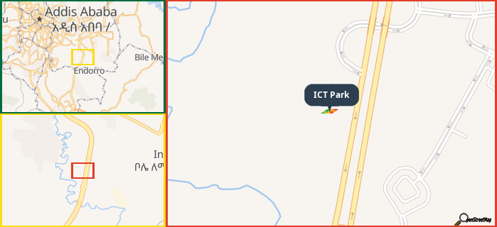 Map showing the address of ICT Park in three different zoom levels.