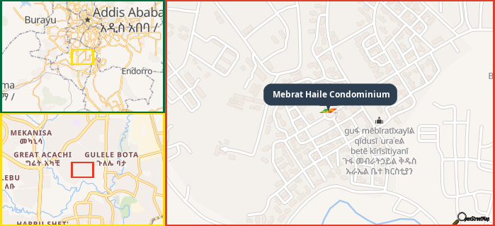 Map showing the address of Mebrat Haile Condominium in three different zoom levels.
